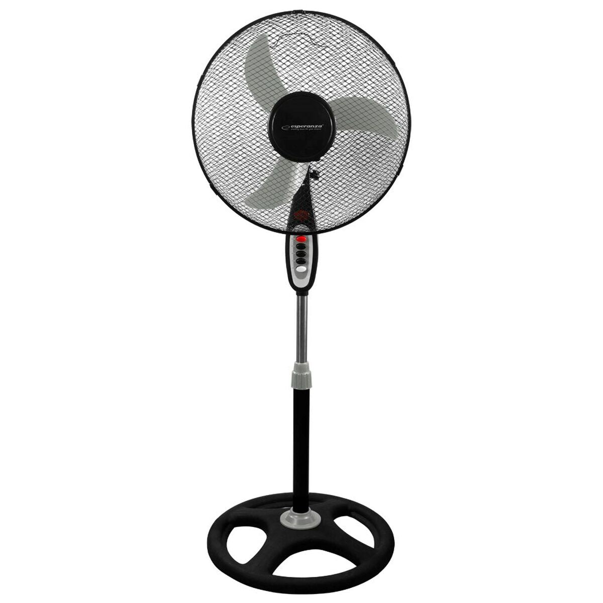Ein schwarzer Standventilator mit einem runden Sockel und einem Metallgitter.