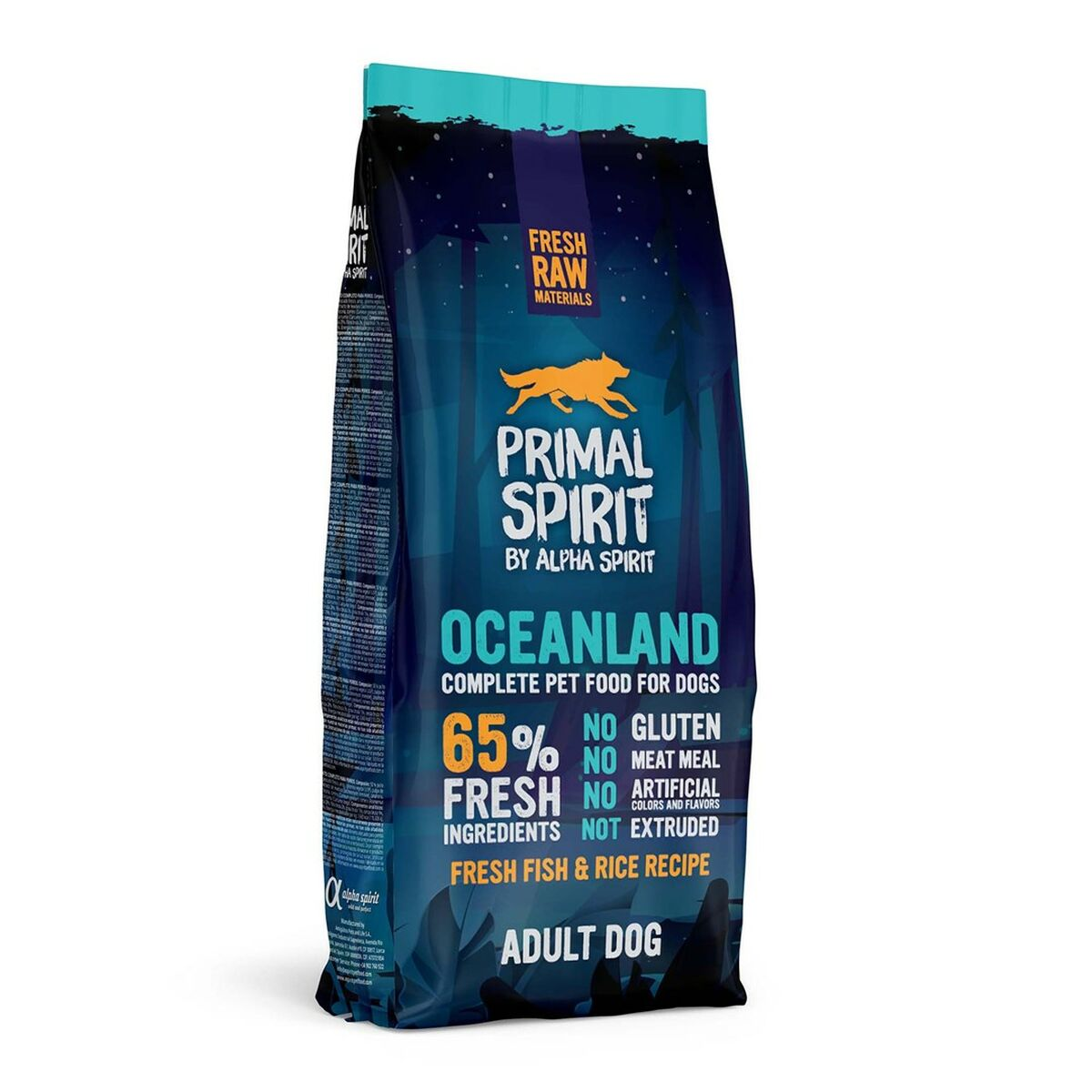 Niebieski worek karmy dla psów: Primal Spirit Oceanland, 65% Świeża Ryba.