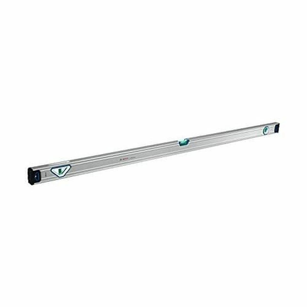 A silver spirit level with a blue bubble is lying on a white background.