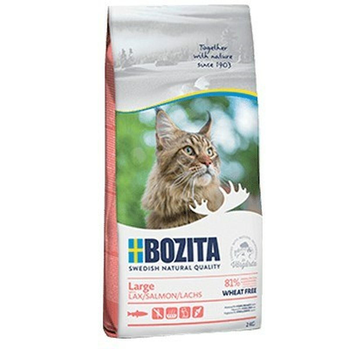 Una bolsa de comida para gatos Bozita con salmón, con imagen de gato.