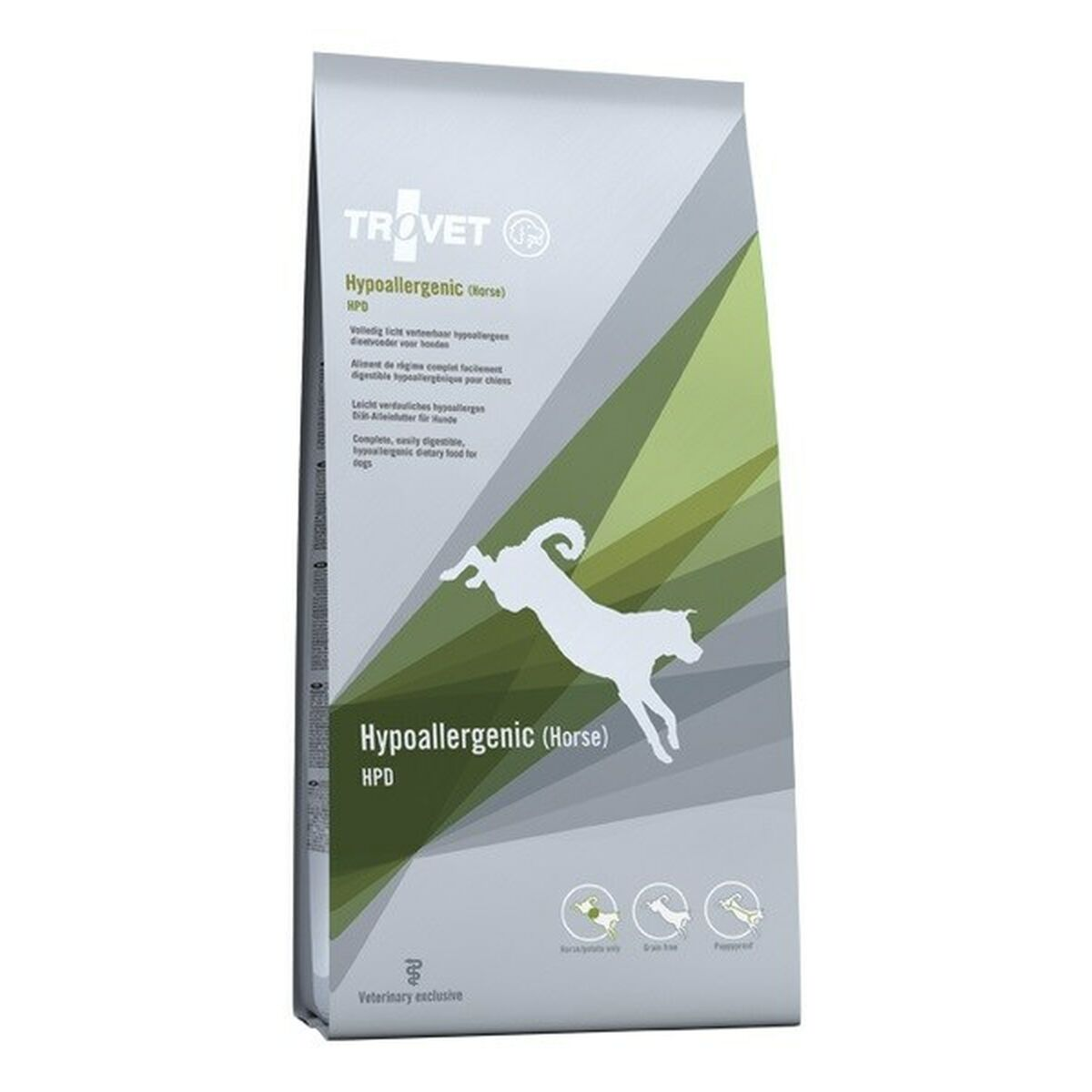 Torba karmy dla psów TROVET Hypoallergenic (Koń) HPD z sylwetką konia.