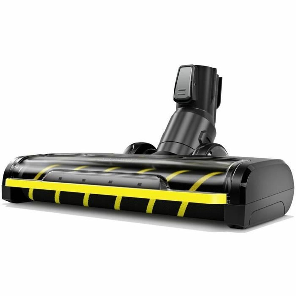 Czarna głowica odkurzacza z żółtymi akcentami i przezroczystą obudową.