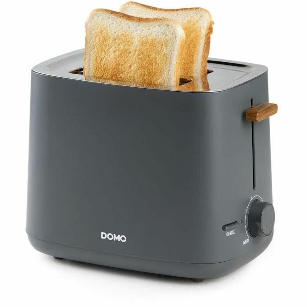 Een grijze broodrooster met twee gouden toastplakken die eruit steken.
