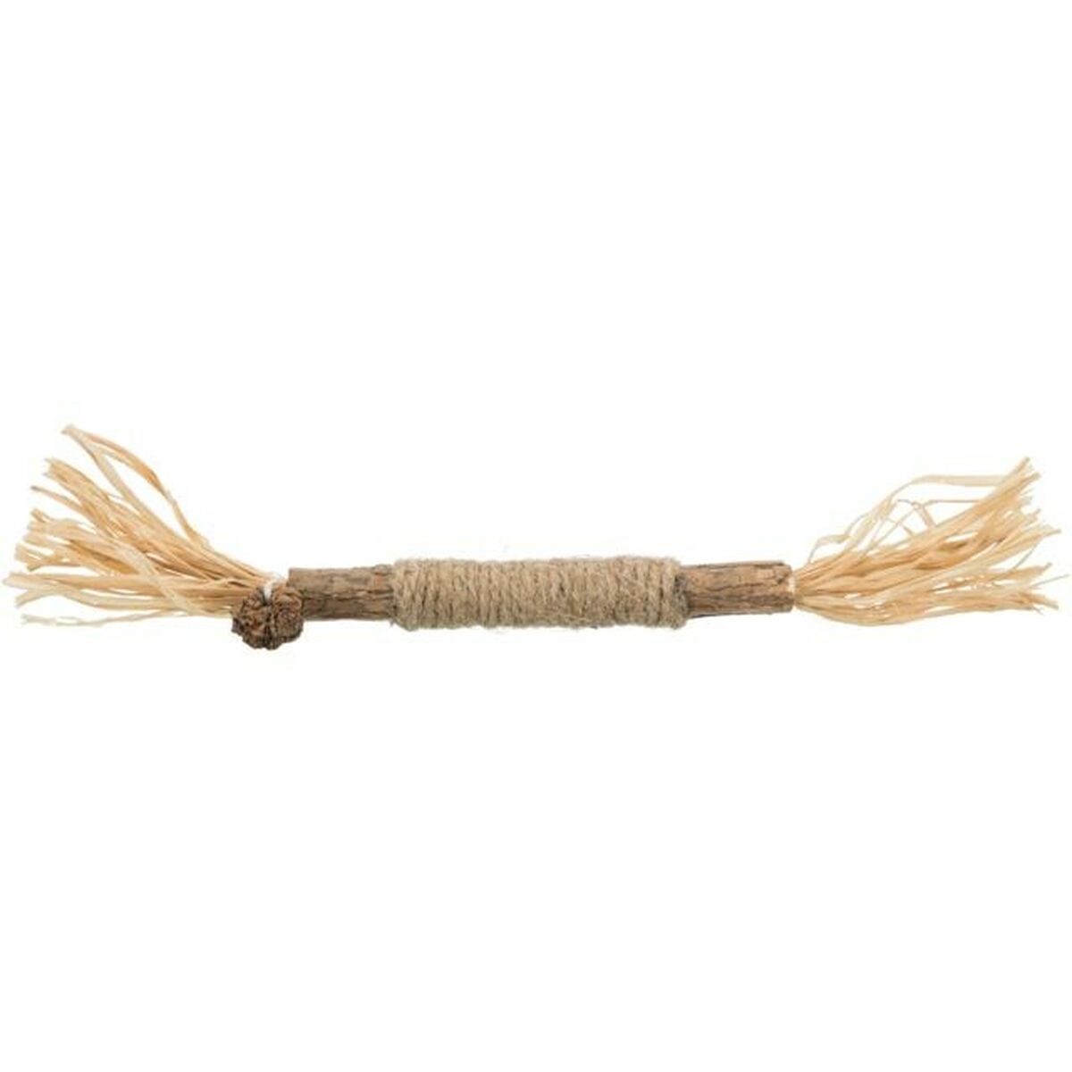 Une brindille enroulée de ficelle, avec de la raffia aux deux extrémités.