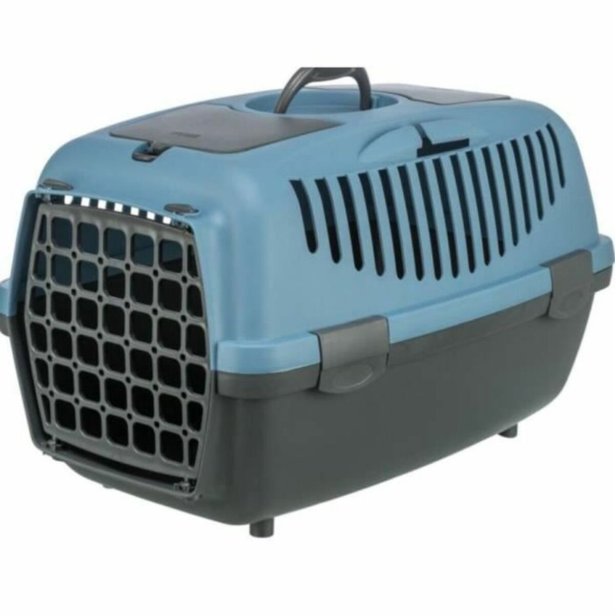 Ein blauer und grauer Hundekäfig mit Gittertür und Griff.