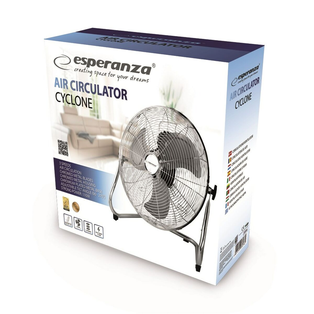 Pudełko Esperanza Air Circulator Cyclone z wentylatorem i wystrojem salonu.