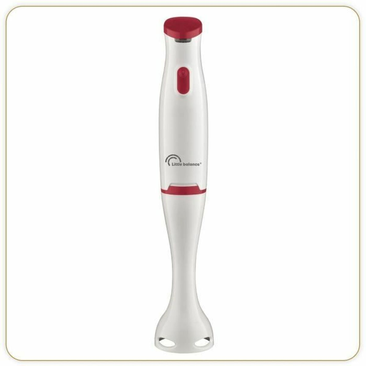 Un frullatore a immersione bianco con accenti rossi e cappuccio rosso.