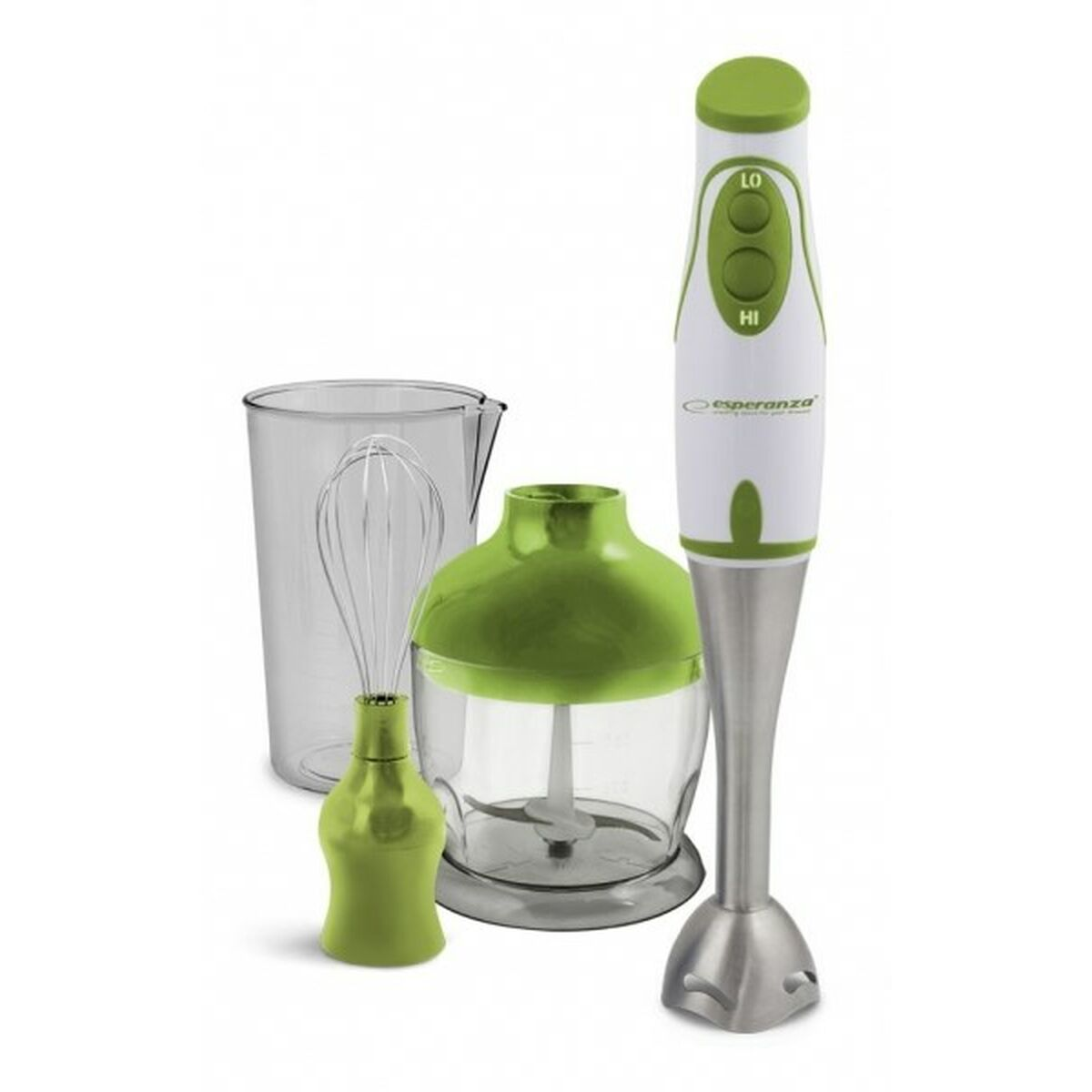 Biały blender ręczny z zielonymi przyciskami, rozdrabniaczem, trzepaczką i kubkiem.
