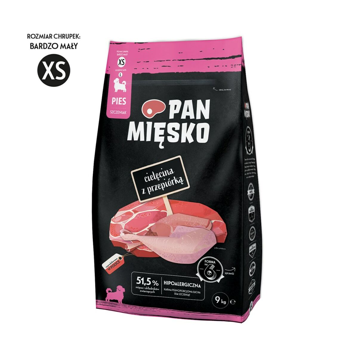 Czarna torba z karmą dla psów z obrazami surowego mięsa i tekstem.