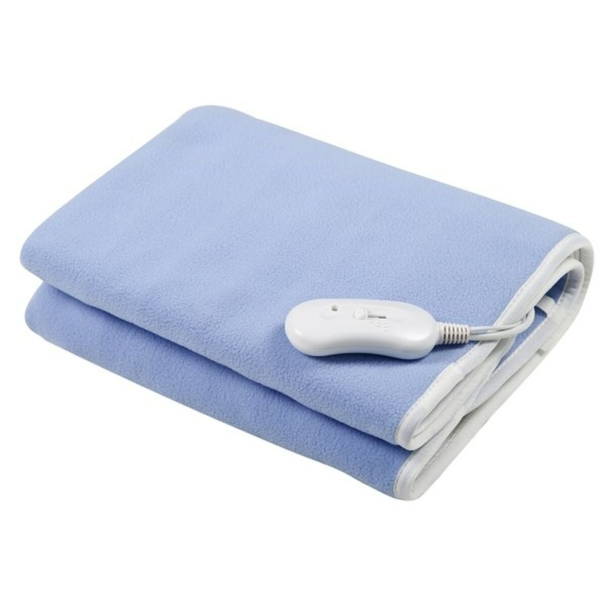 Eine hellblaue Heizdecke mit weißem Regler und Kabel auf weißem Hintergrund.