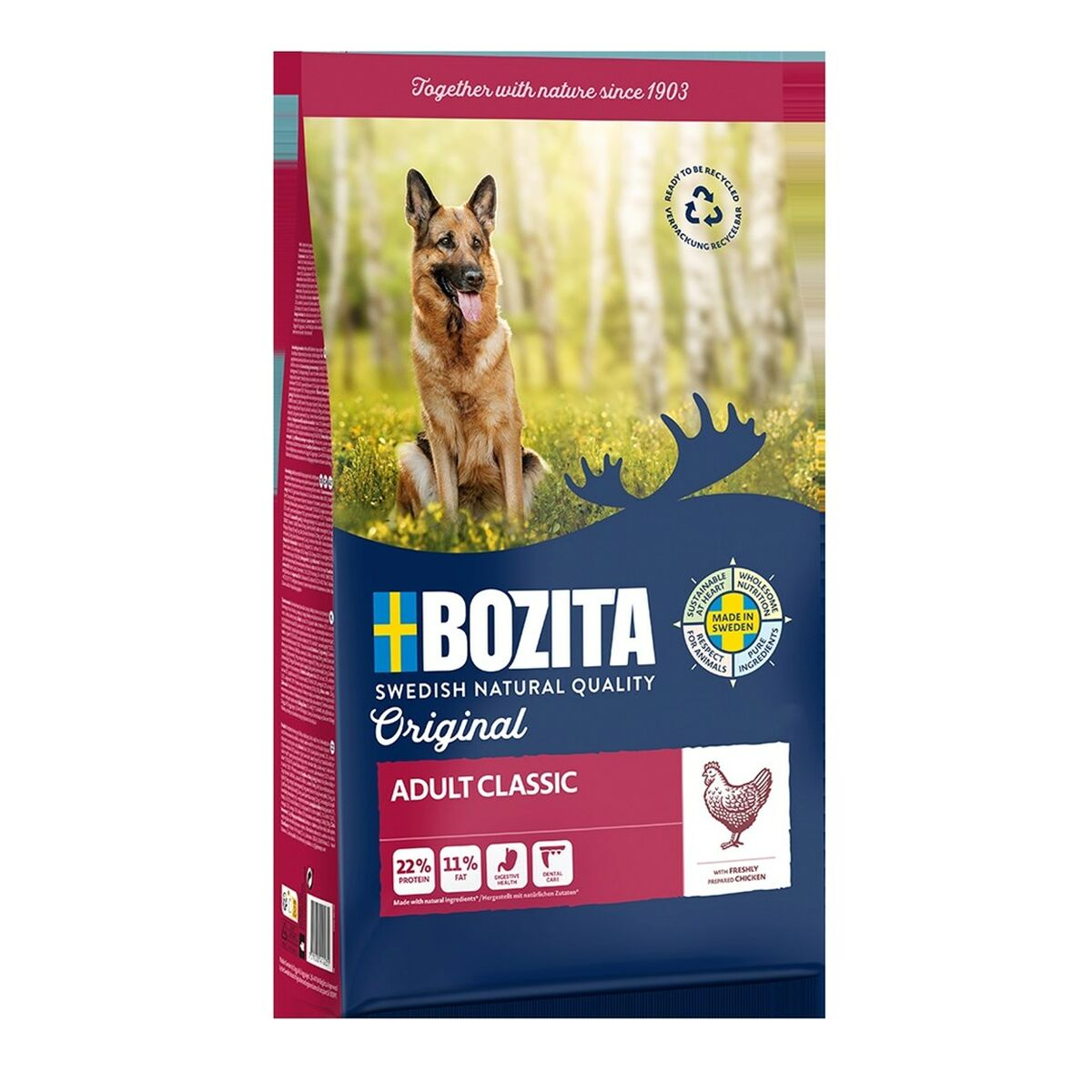 Torba karmy dla psów Bozita z owczarkiem niemieckim na trawie, z ilustracją kurczaka.
