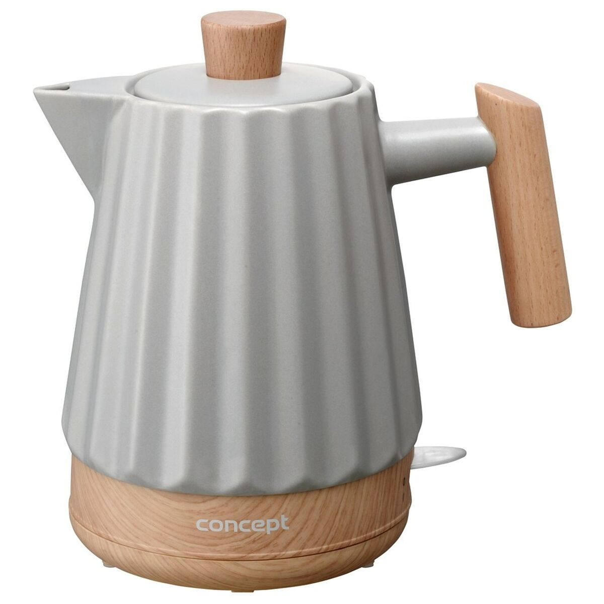 Un bollitore grigio con base e manico effetto legno, dal design scanalato.