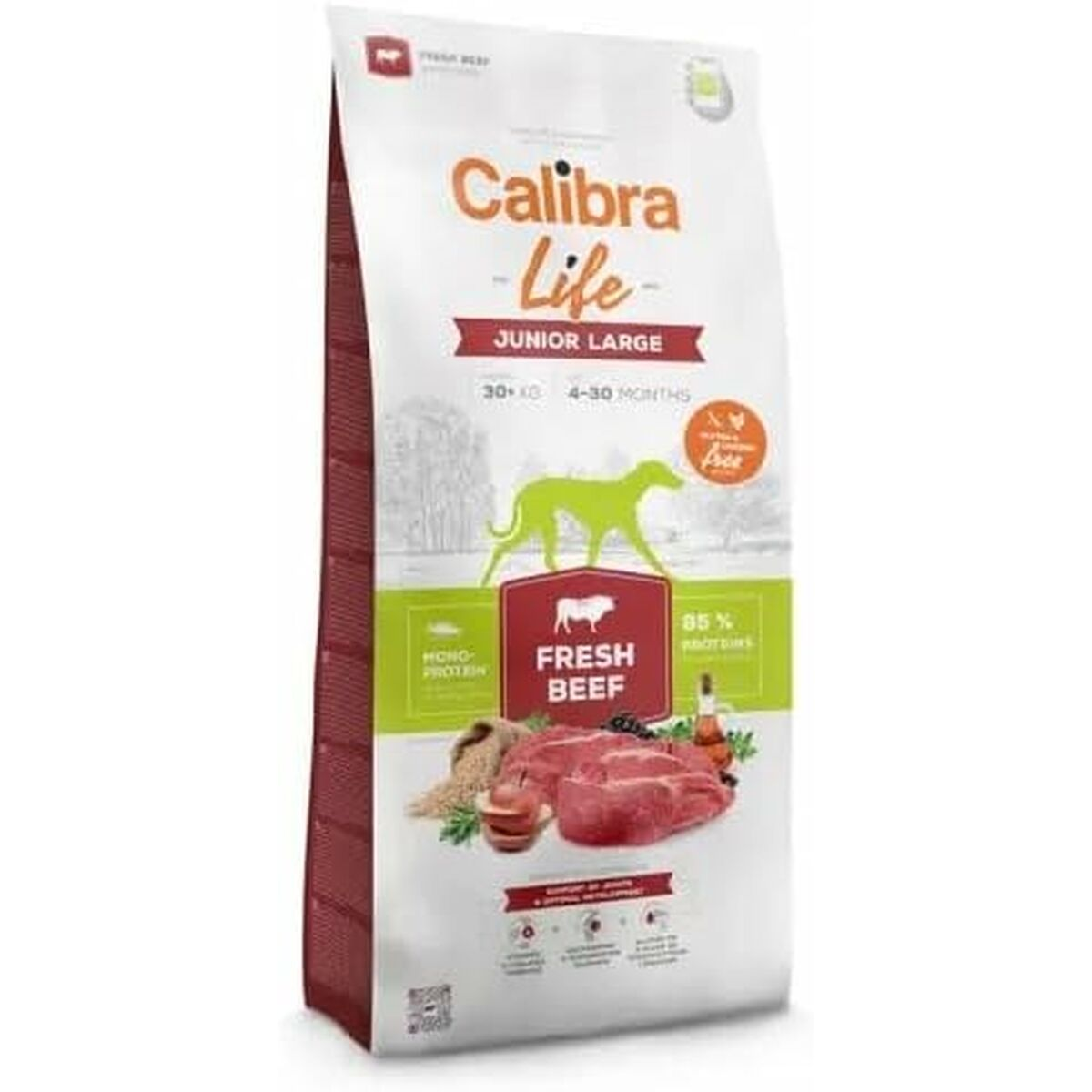 Bolsa de comida para perros con imagen de ternera. Logo: Calibra Life Junior Large.
