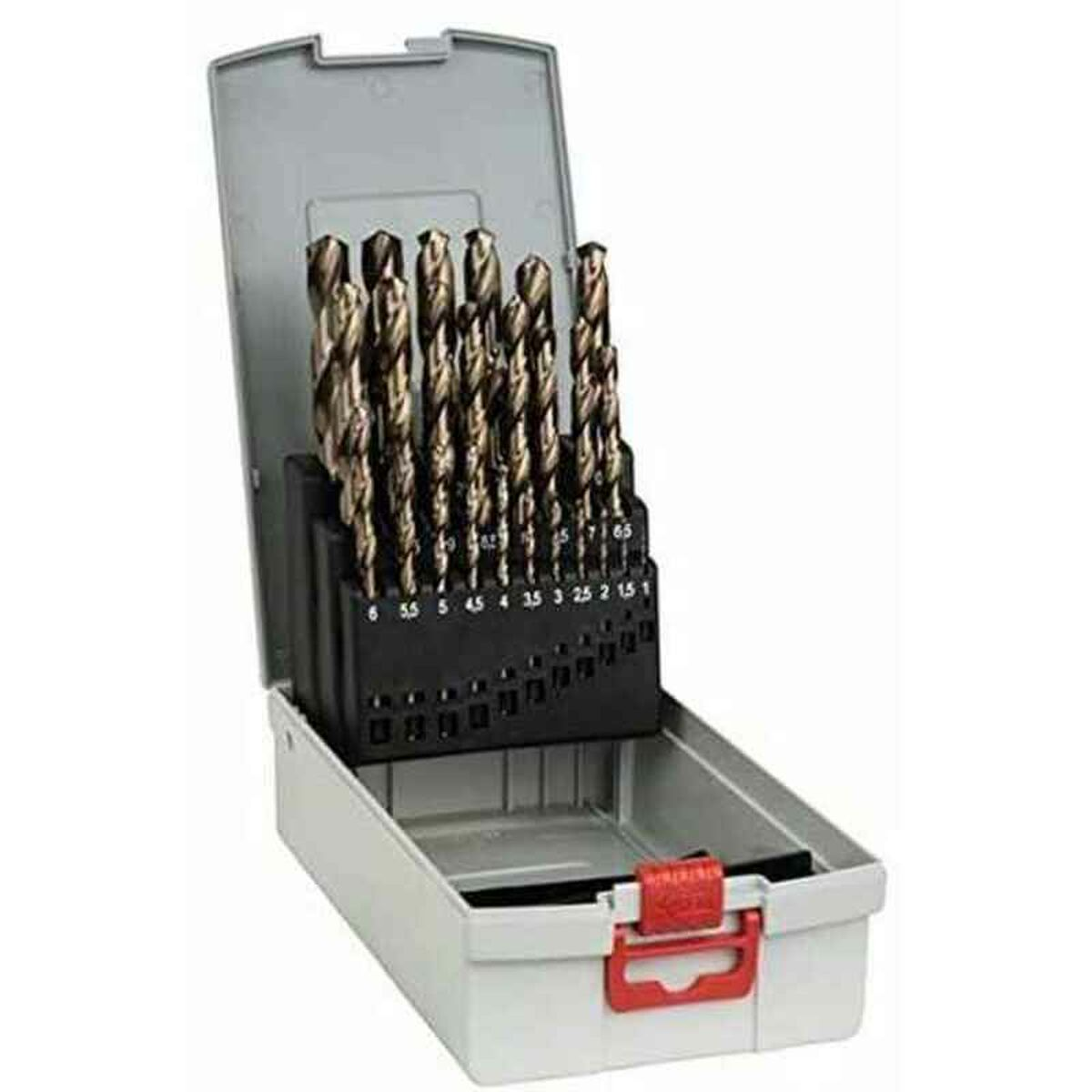 Een set metalen boren in een grijze koffer met genummerde markeringen op de zwarte inzet.