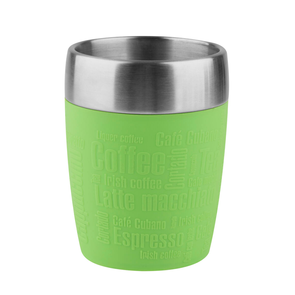 Taza de café verde con borde plateado, impresa con tipos de café.