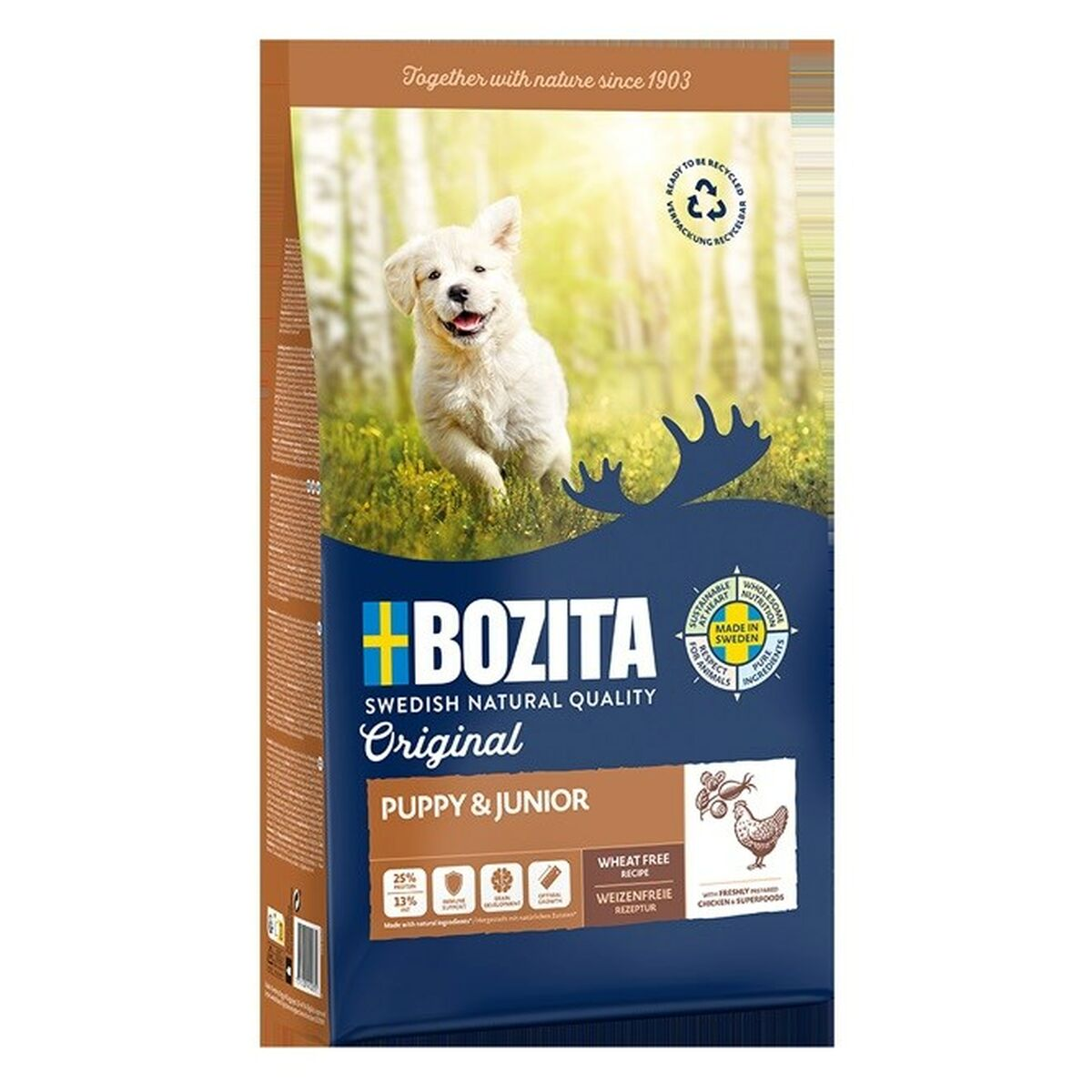 Karma dla szczeniąt Bozita Original Puppy & Junior z białym szczeniakiem w lesie