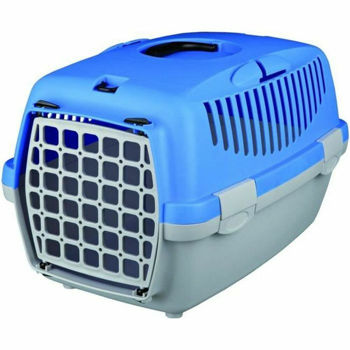 Un trasportino blu e grigio con porta grigliata e fessure di ventilazione.