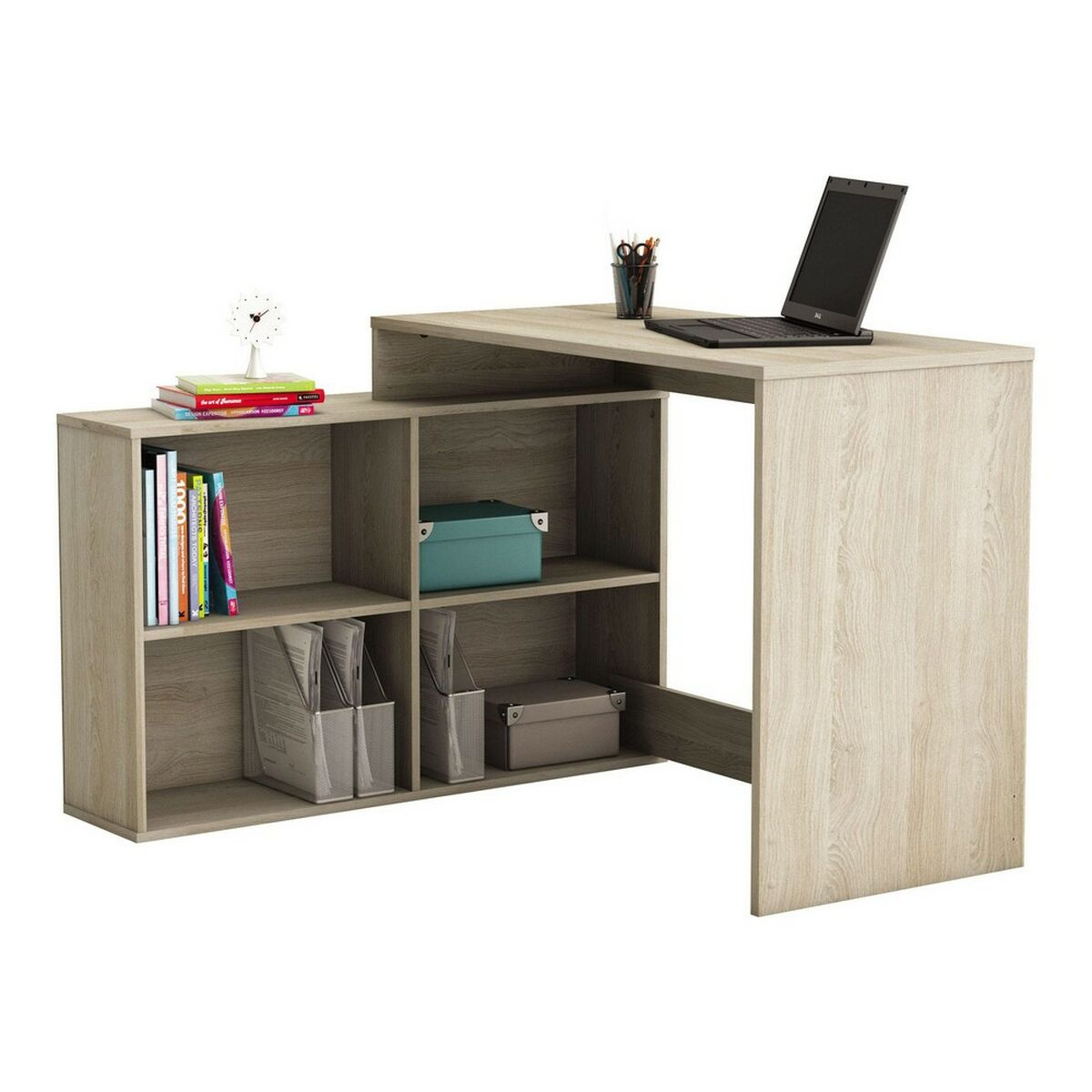 Ein Eckschreibtisch aus Holz mit einem Regal, das Bücher, eine Uhr und Boxen enthält.