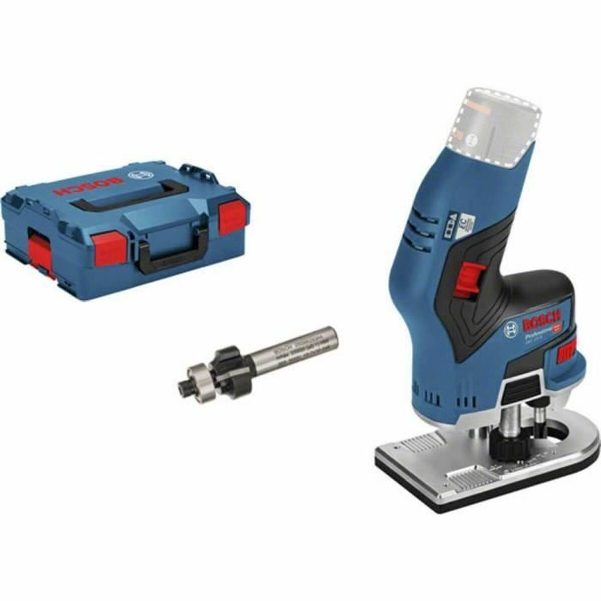 Una fresadora Bosch azul con accesorios y un estuche.