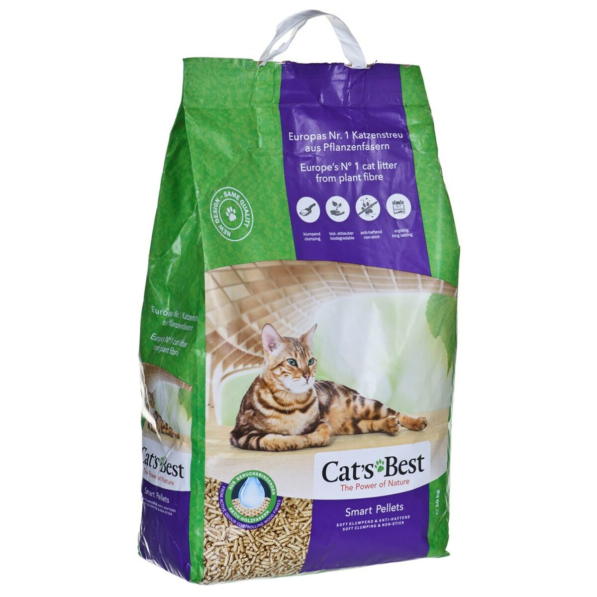 Embalaje de arena para gatos verde y morado con un gato y gránulos.