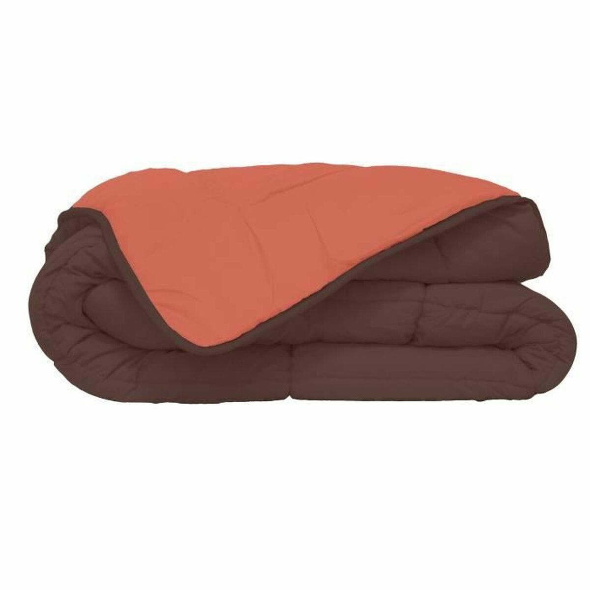 Ein brauner Schlafsack mit orangefarbener Innenseite, zusammengefaltet.