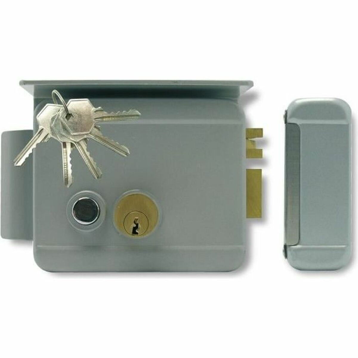 Una cerradura gris con llaves y una caja de cerradura separada.