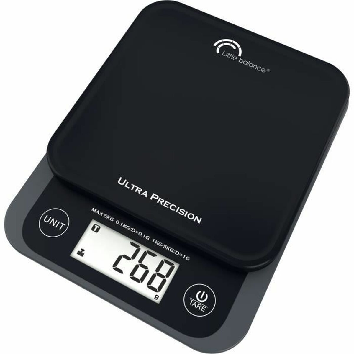 Schwarze digitale Küchenwaage mit silbernem Display und Tasten.