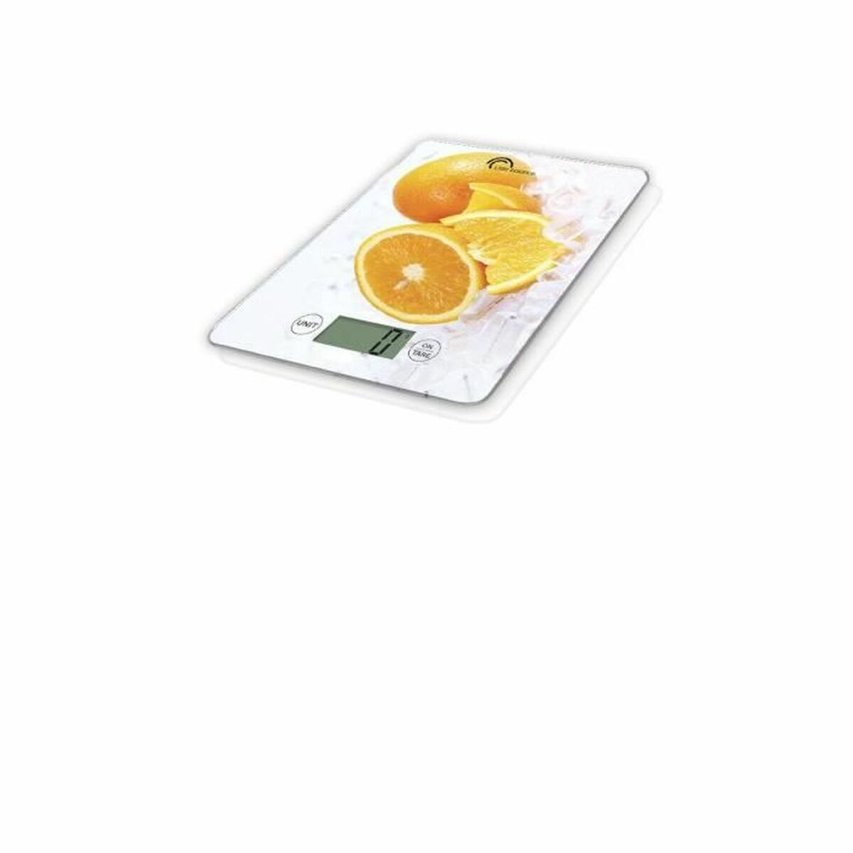 Una bilancia da cucina digitale con arance e cubetti di ghiaccio.