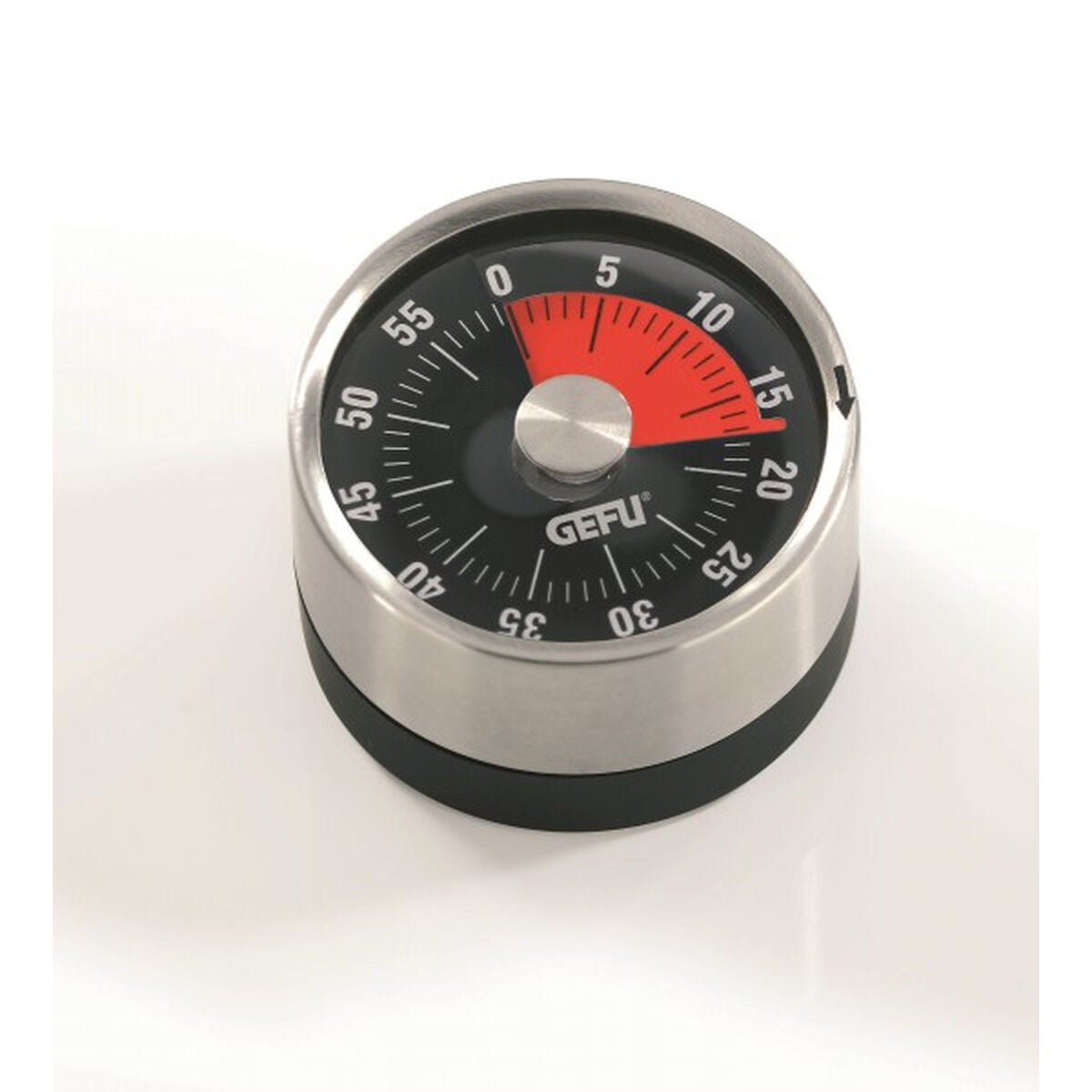 Un timer da cucina rotondo GEFU in acciaio inossidabile con quadrante nero e lancetta rossa.