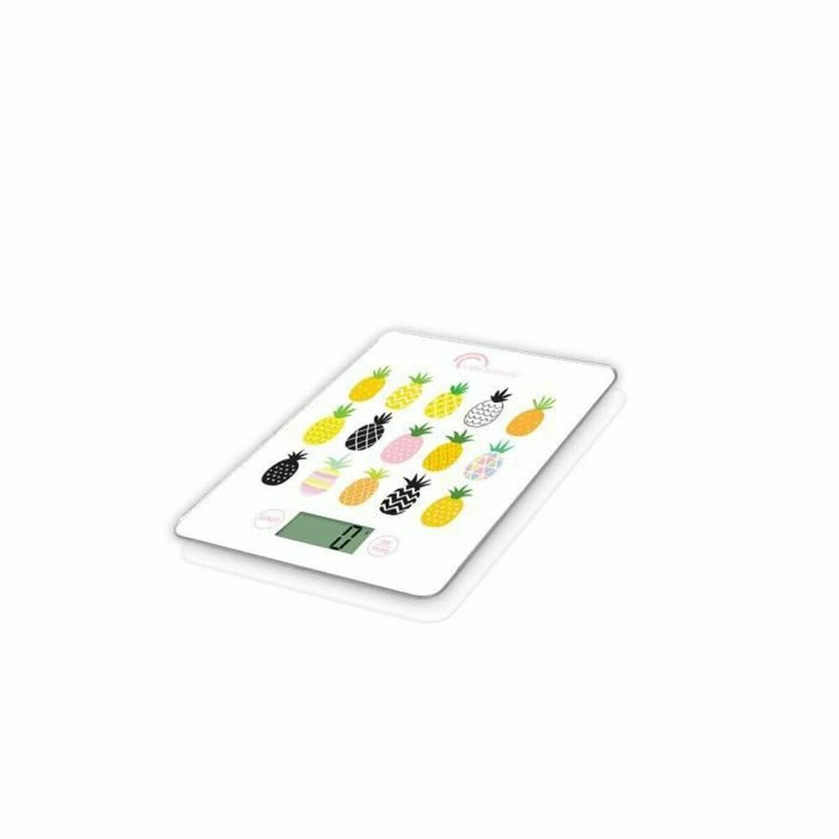 Digitale Küchenwaage mit buntem Ananasmuster und LCD-Display.