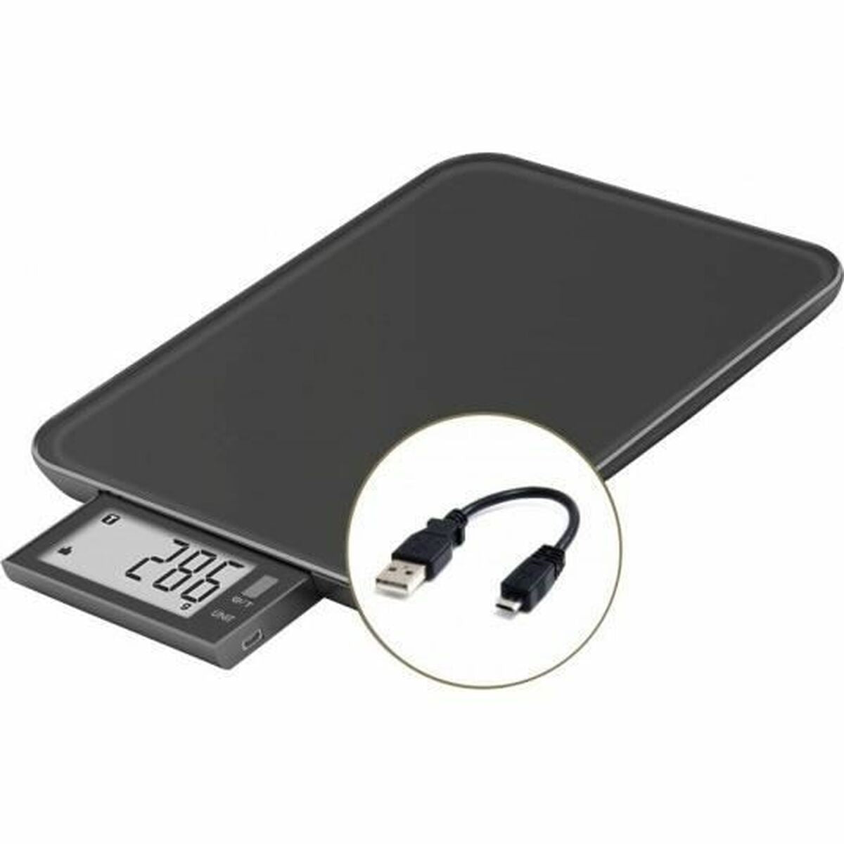 Czarna cyfrowa waga kuchenna z kablem USB. Wyświetlacz pokazuje 286.