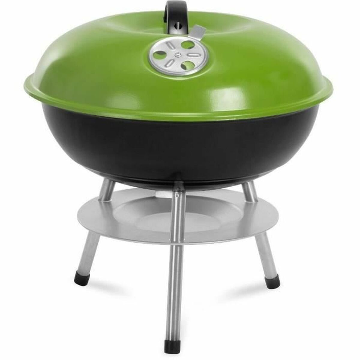 Una griglia compatta con coperchio verde e corpo nero su tre gambe.