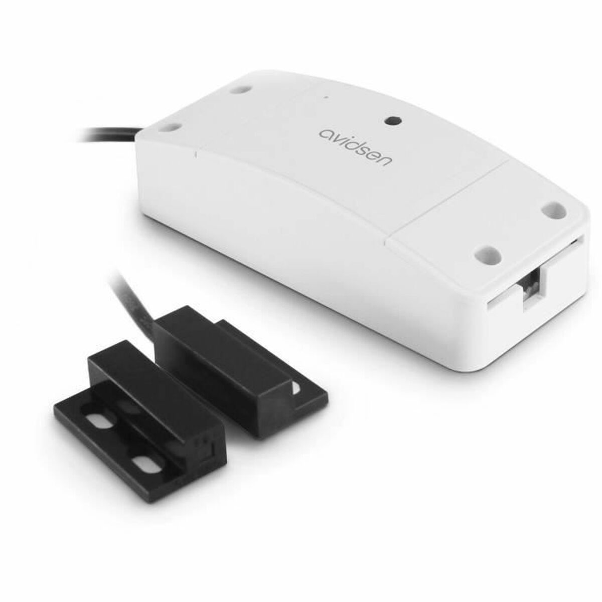 Un dispositivo bianco per la casa intelligente con due sensori neri accanto.