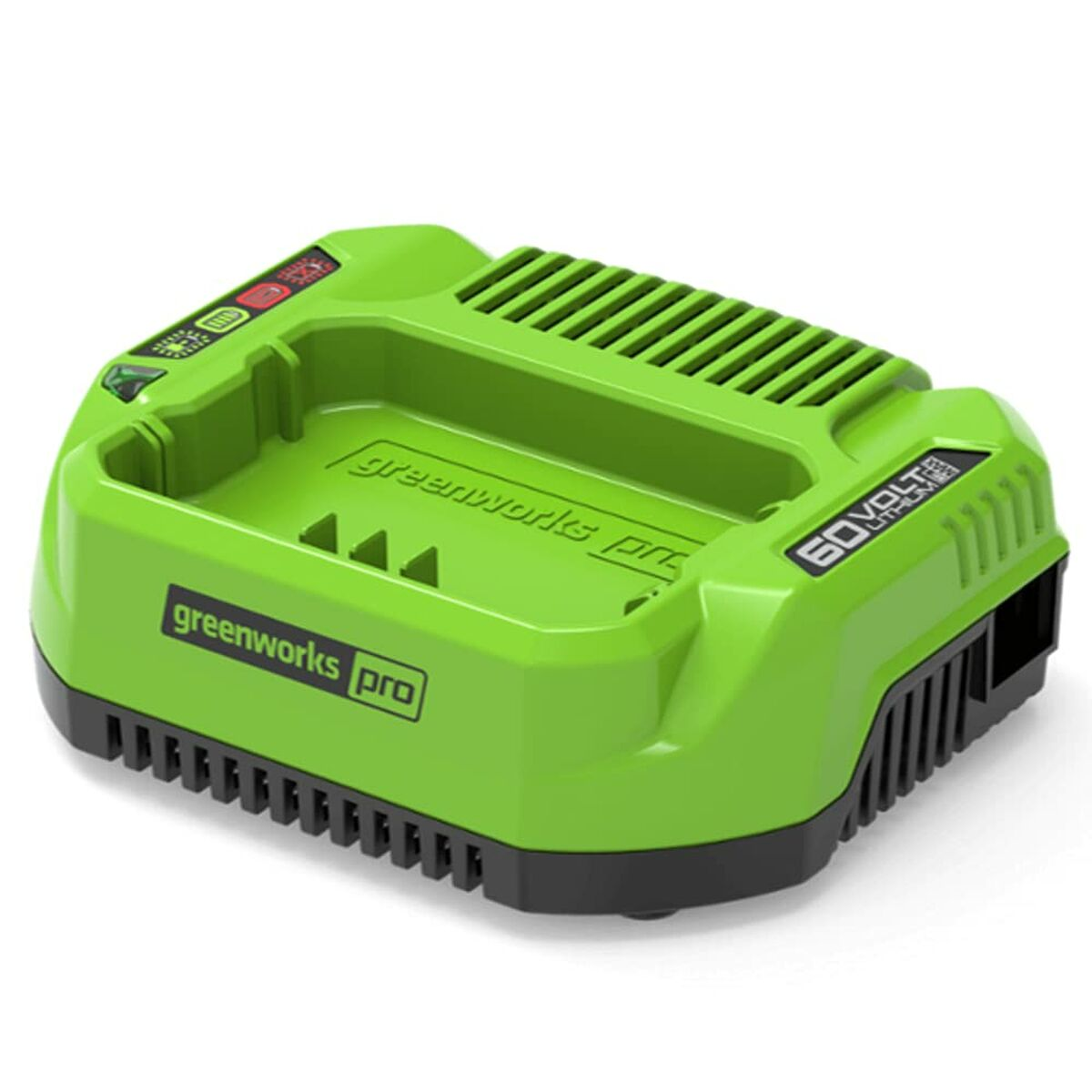 Grünes Greenworks Pro 60V Lithium-Ionen-Ladegerät mit Ladeanzeigen und Lüftungsschlitzen.
