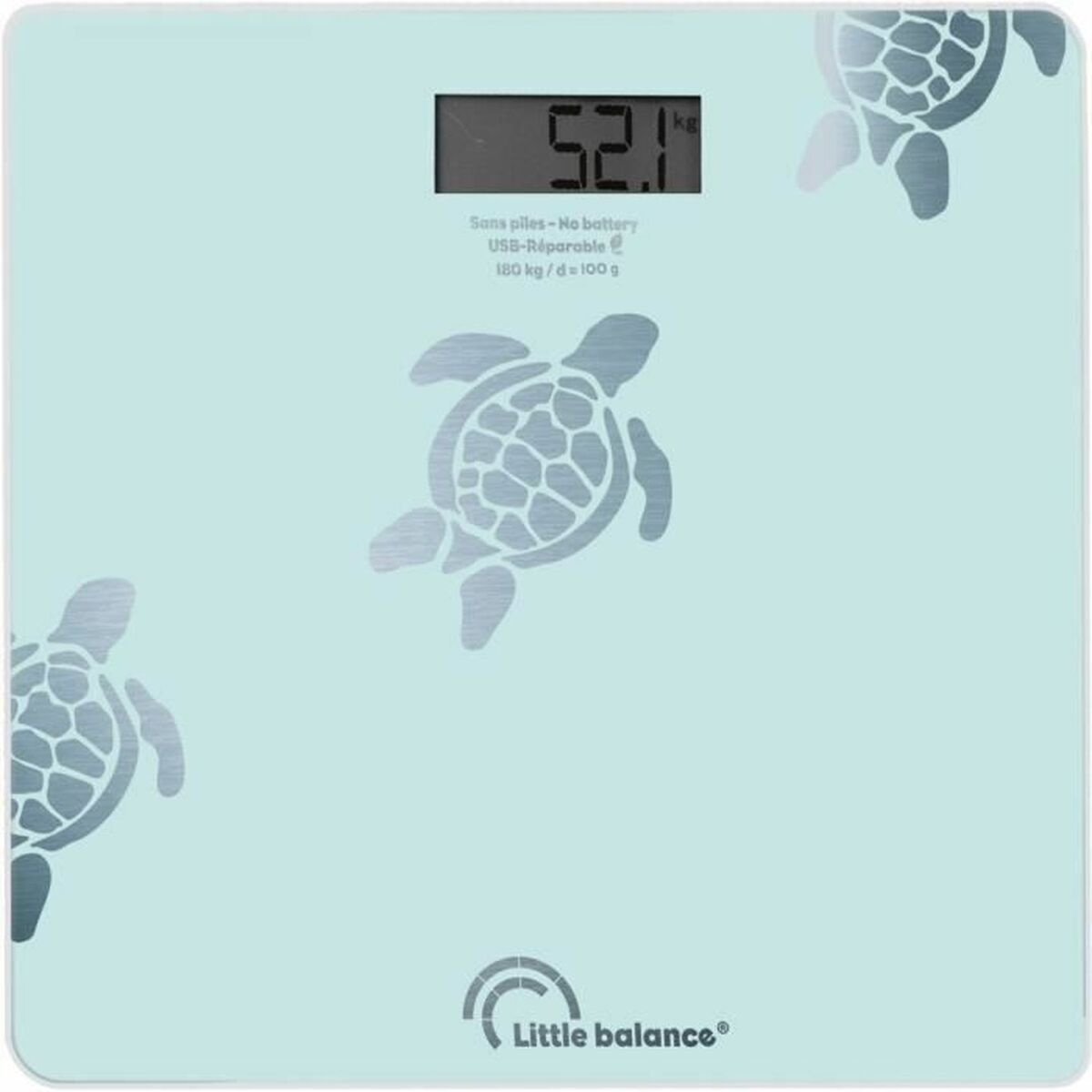 Waga cyfrowa z motywem żółwia pokazuje 52,1 kg.