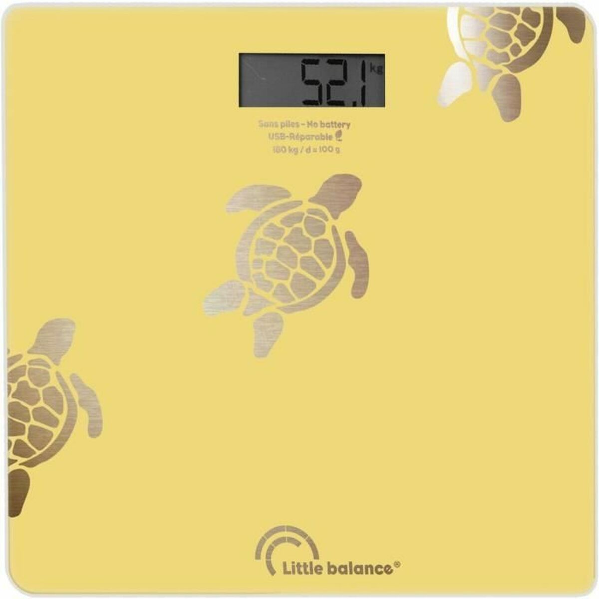 Gelbe Waage mit Schildkrötenmuster, zeigt 52,1 kg an.