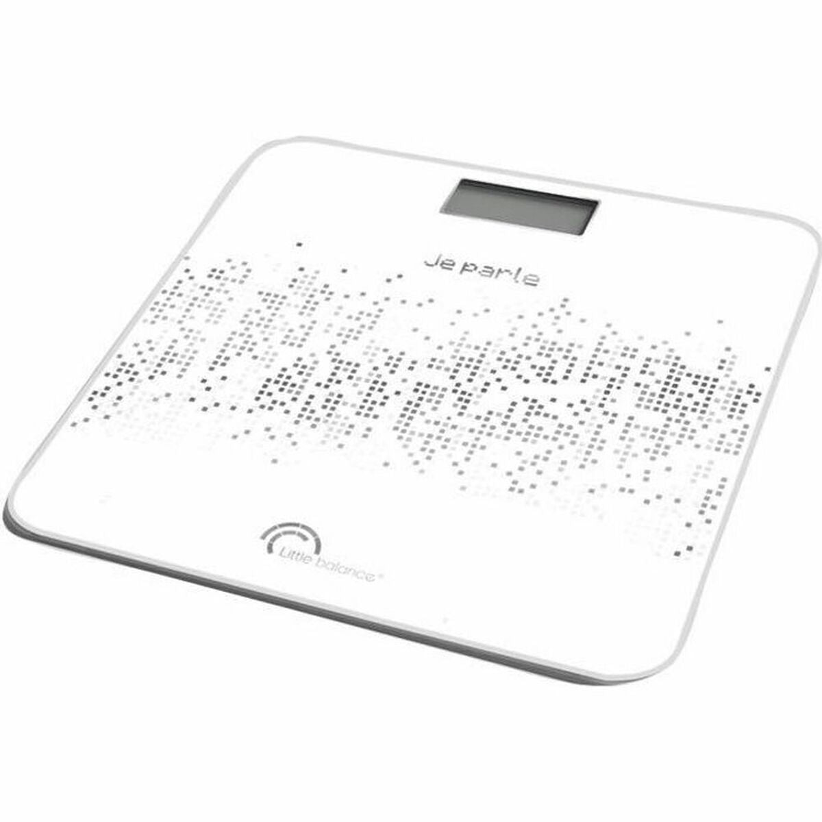 Biała waga cyfrowa z wzorem w kropki i ekranem LCD. Napis 'Je parle'.