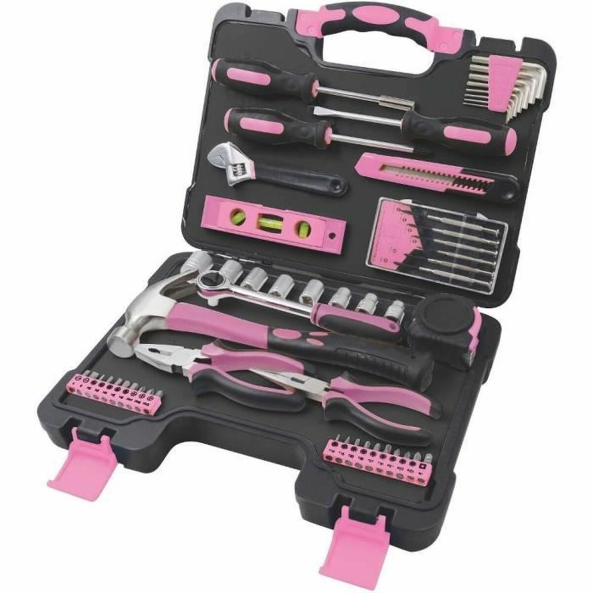 Ein geöffneter Werkzeugkasten mit pinken Akzenten, der verschiedene Werkzeuge wie Hammer, Zangen und Schraubendreher enthält.