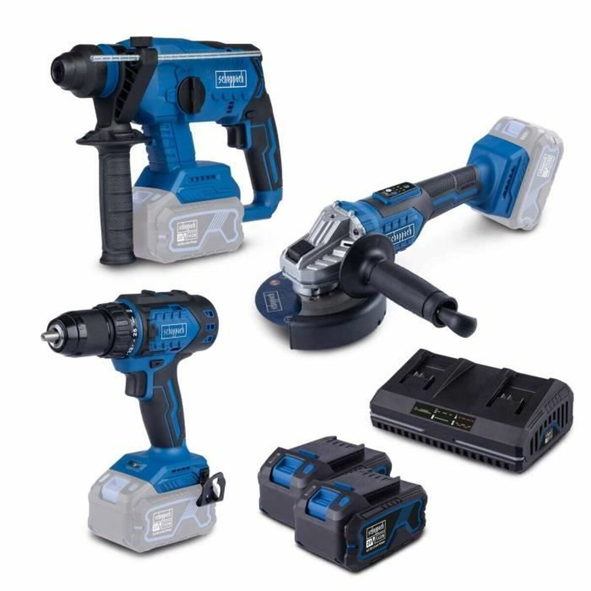 Ein blauer und silberner Bohrhammer, Winkelschleifer, Bohrmaschine, Ladegerät und Akkus.