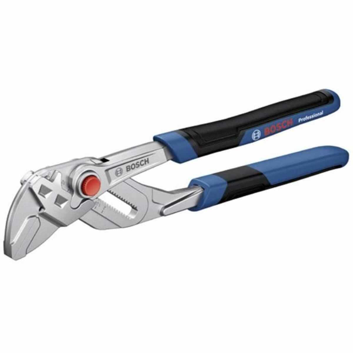Bosch Wasserpumpenzange mit blau-schwarzen Griffen auf weißem Hintergrund.