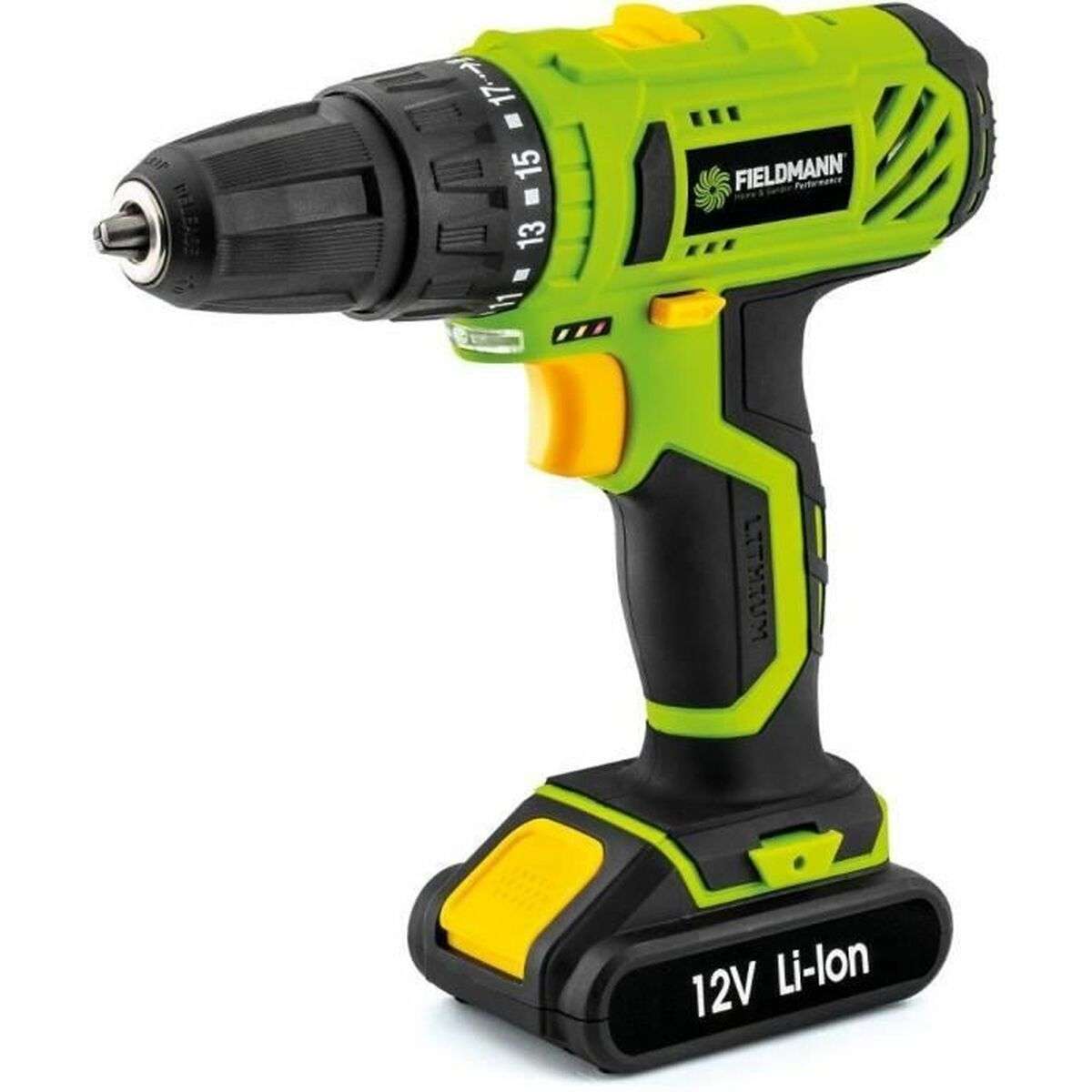 Trapano a batteria verde e nero con accenti gialli su sfondo bianco.