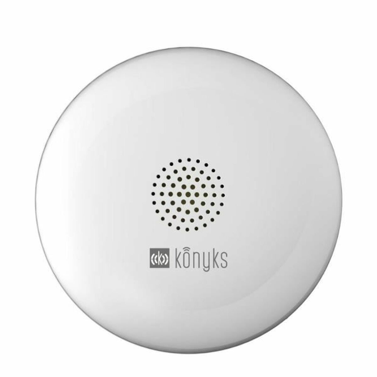 Ein weißes, rundes Gerät mit einem Lautsprecher und dem Konkys-Logo.