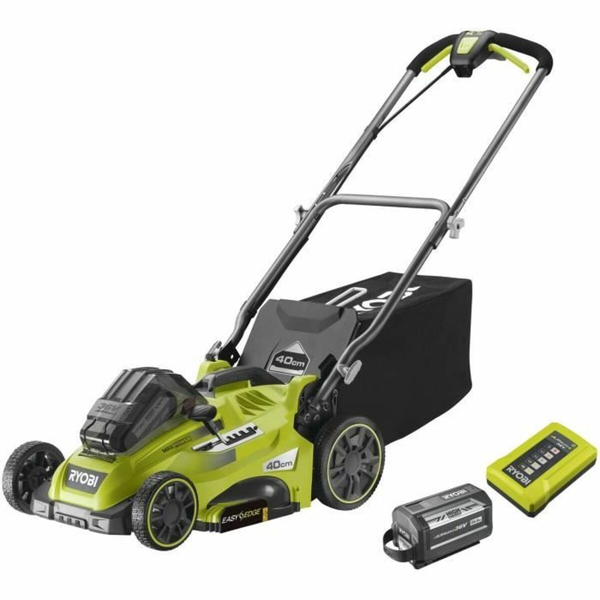 Ein grüner Ryobi-Rasenmäher mit Fangkorb und zwei Akkus auf weißem Grund.