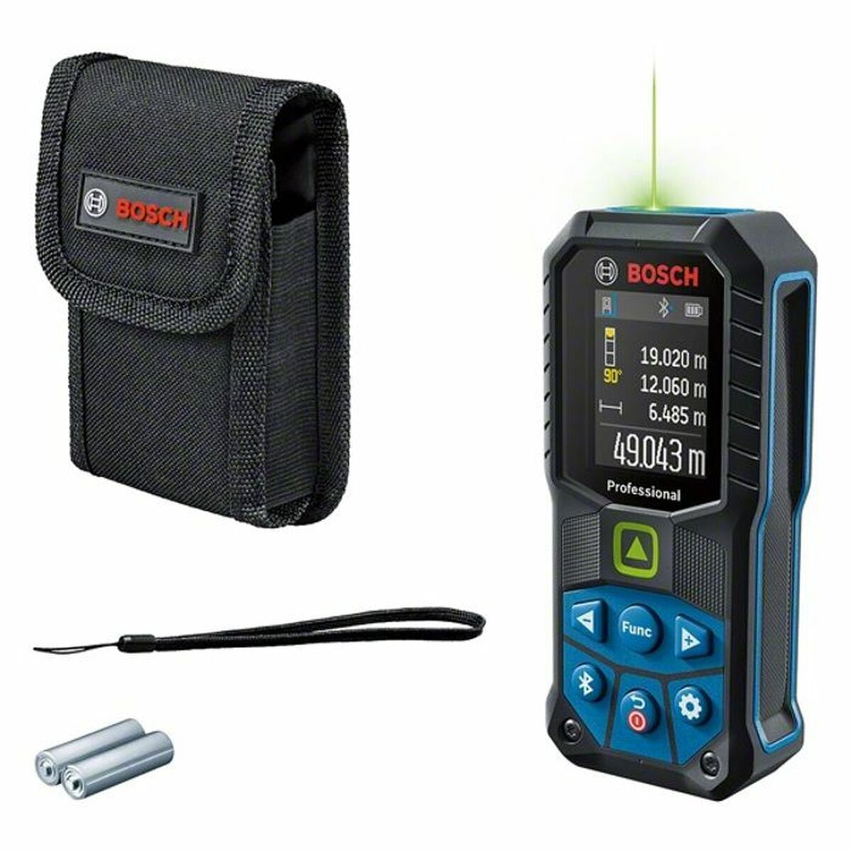 Misuratore laser Bosch con custodia, laccetto e batterie.