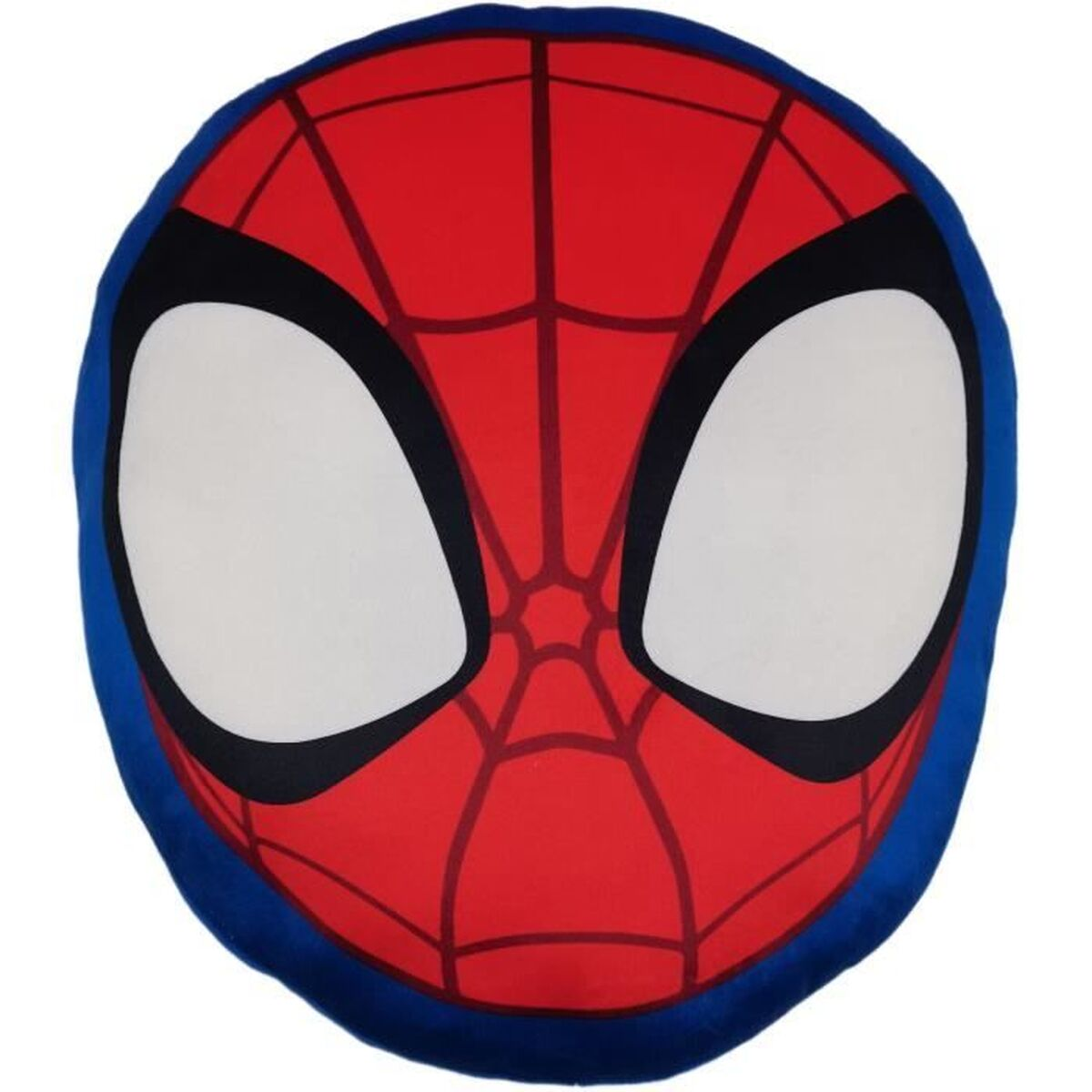Un coussin rond à l'effigie du masque de Spiderman, rouge et bleu.