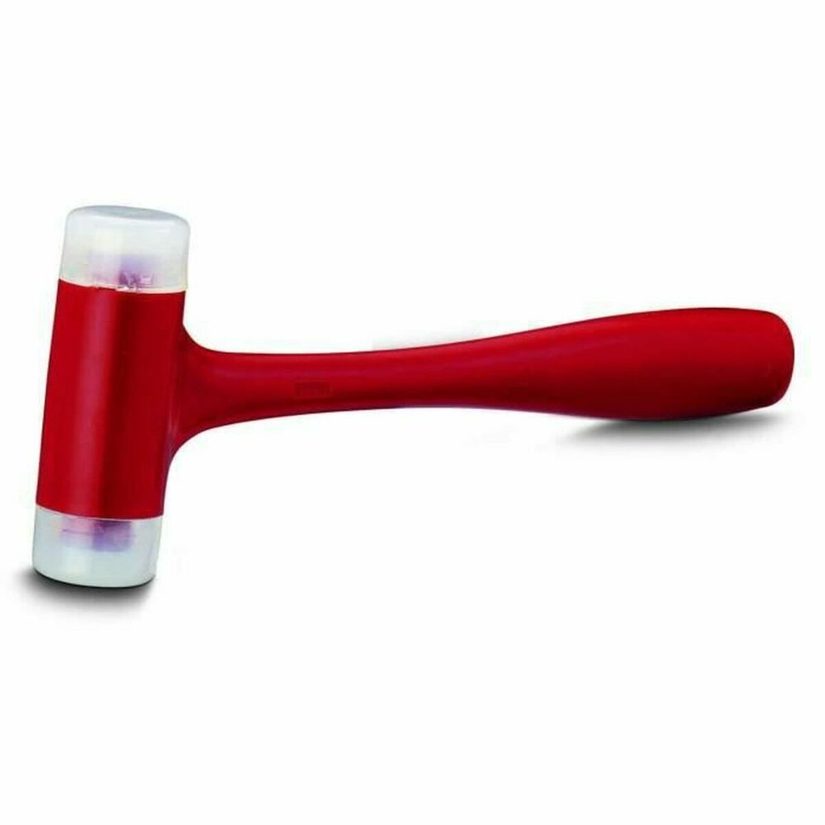 Un martello rosso con testa bianca su sfondo bianco.