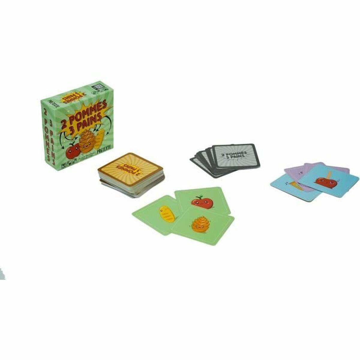 Carte da gioco con frutta e verdura, accanto a una scatola di gioco.