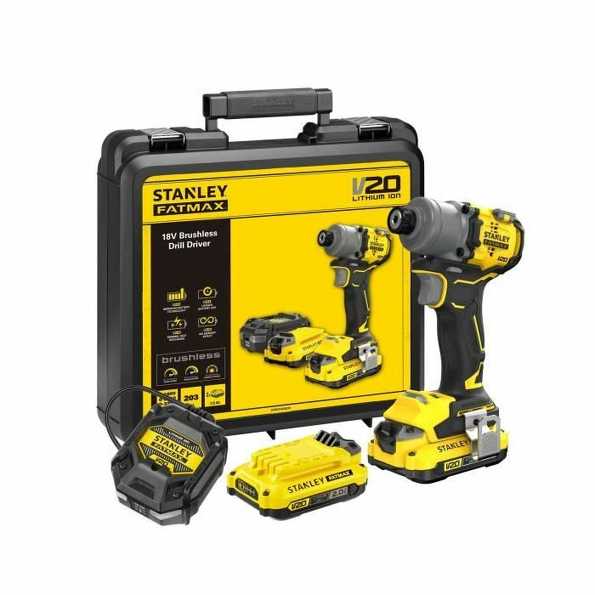 Stanley Fatmax V20 18V bürstenloser Bohrschrauber-Kit mit zwei Akkus und Koffer.