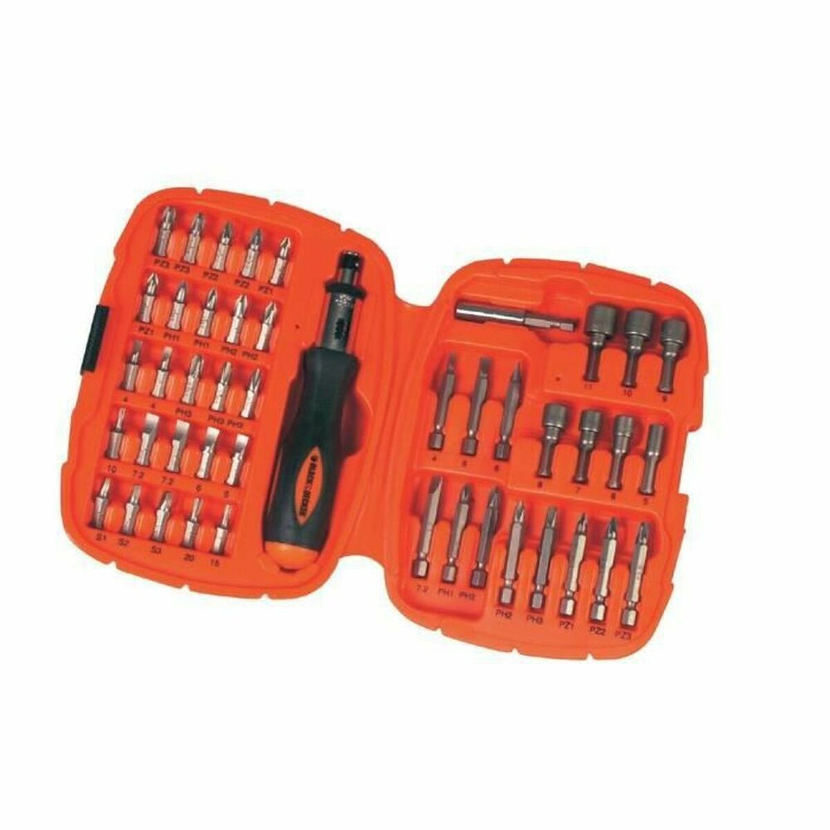 Ein orangefarbener Koffer mit einem Schraubendreher und Bits.