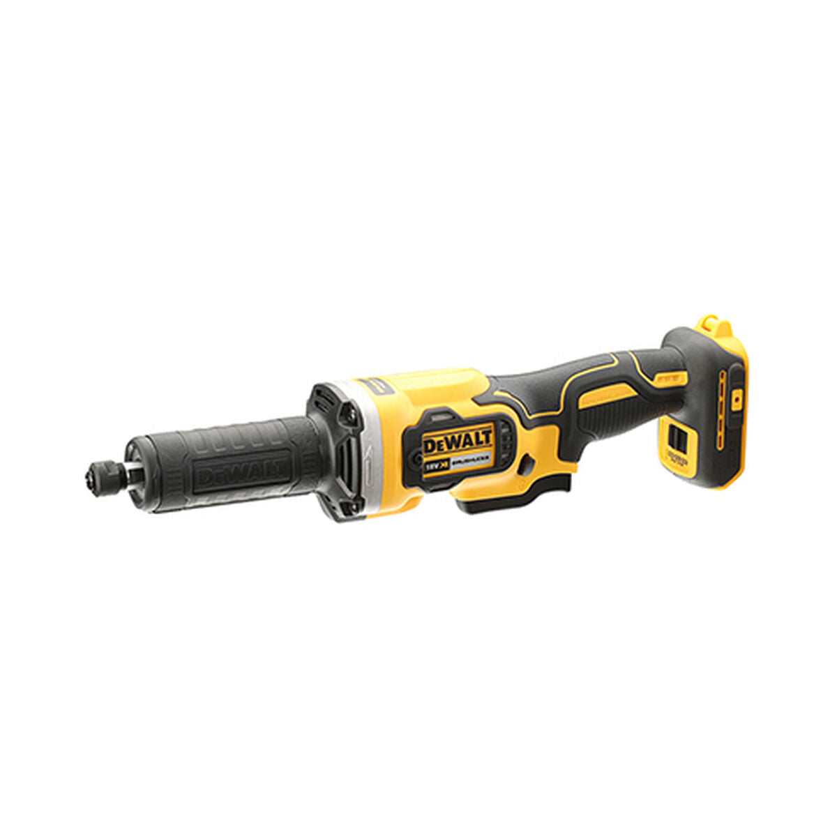 Een gele en zwarte DeWalt accu-slijper op een witte achtergrond.